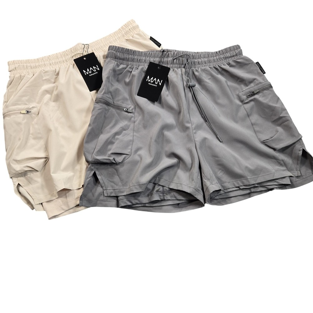 BoohooMAN Shorts Mens Large Gray Lined Elastic Waist Athletic Pockets 2 pair set